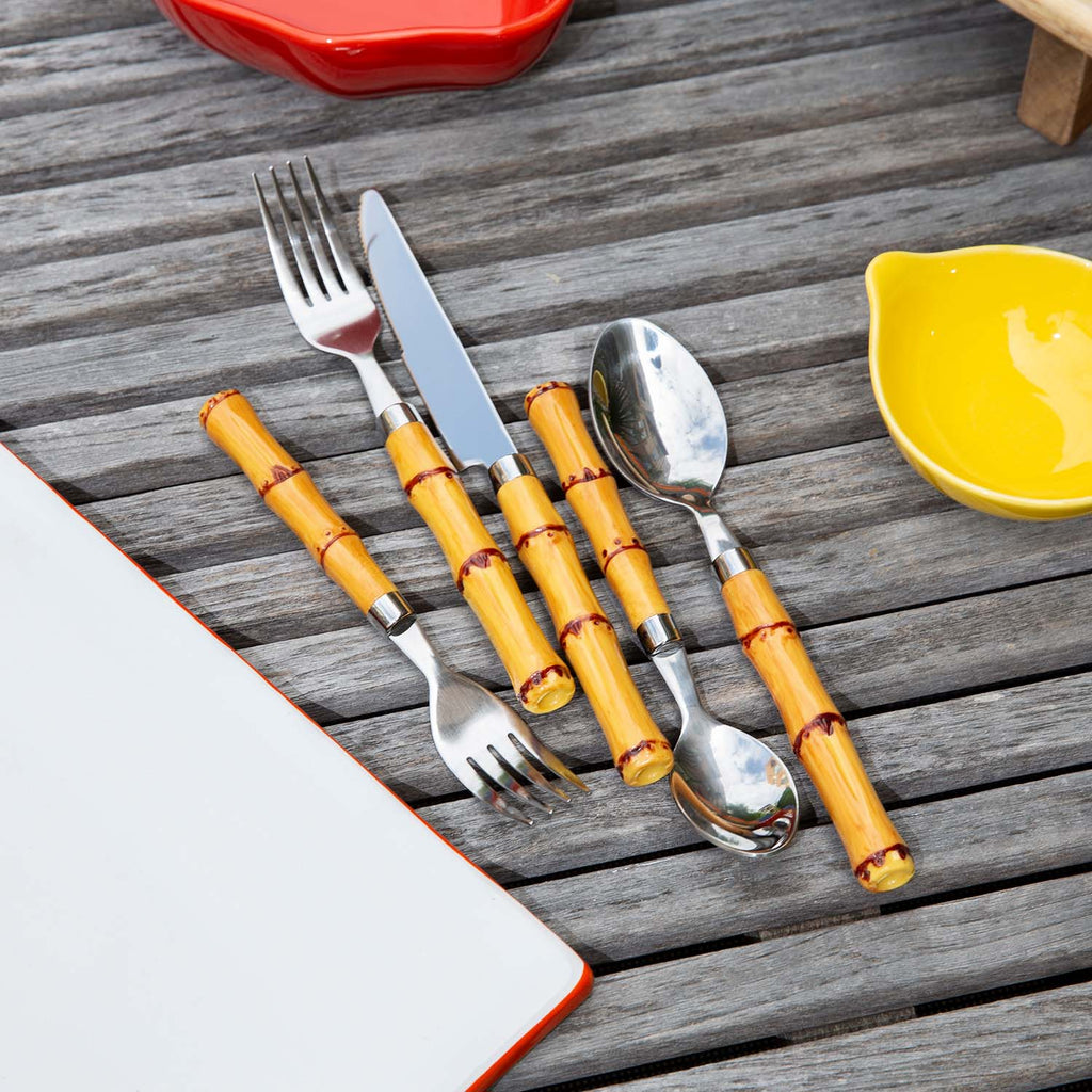 Thekbunny Bamboo Handle 20 Piece Flatware Set