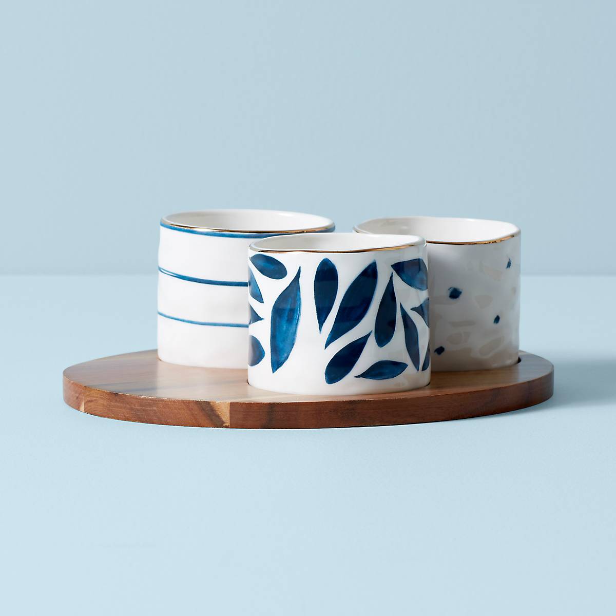 Thekbunny Blue Bay Snack Bowls - Set of 3 - With Wood Tray