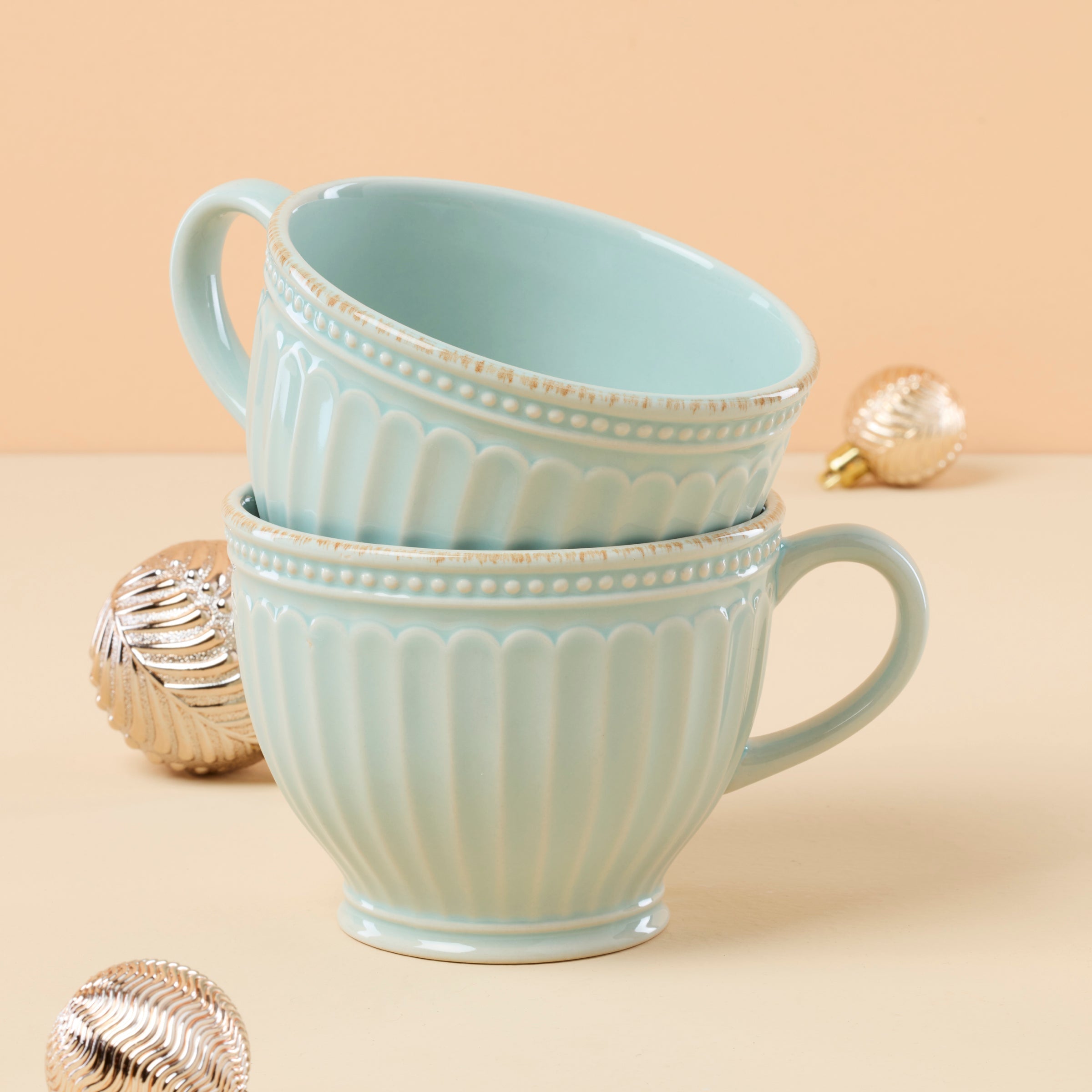 Thekbunny French Perle Groove Blue Latte Mugs - Set of 2