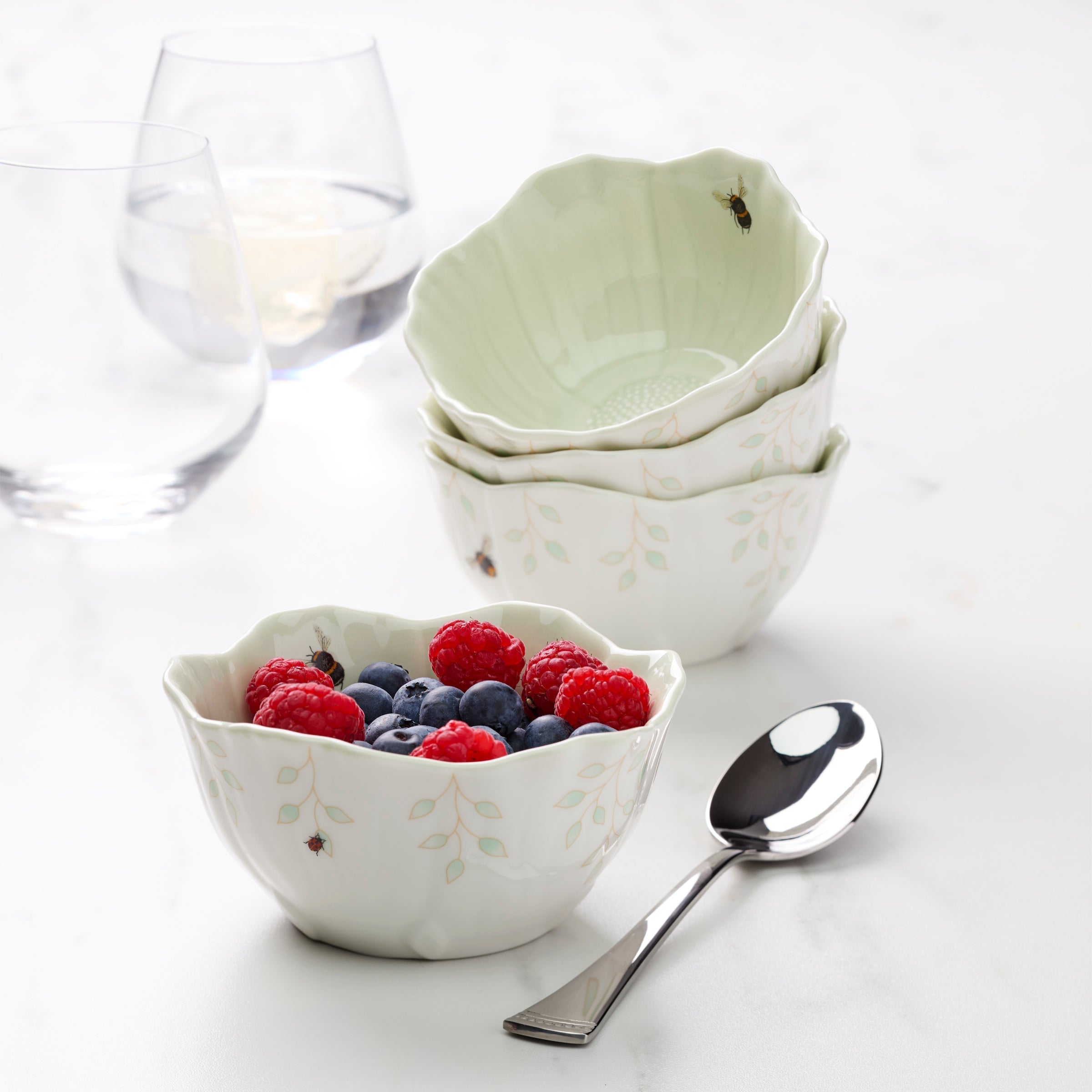 Thekbunny Butterfly Meadow Floral Green Dessert Bowls - Set of 4