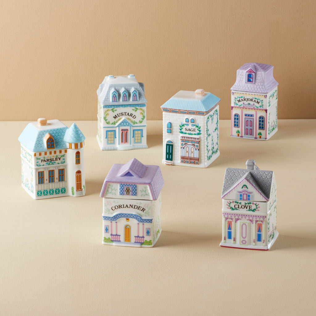 Thekbunny Spice Village 6-Piece Rustic Row Spice Jar Set