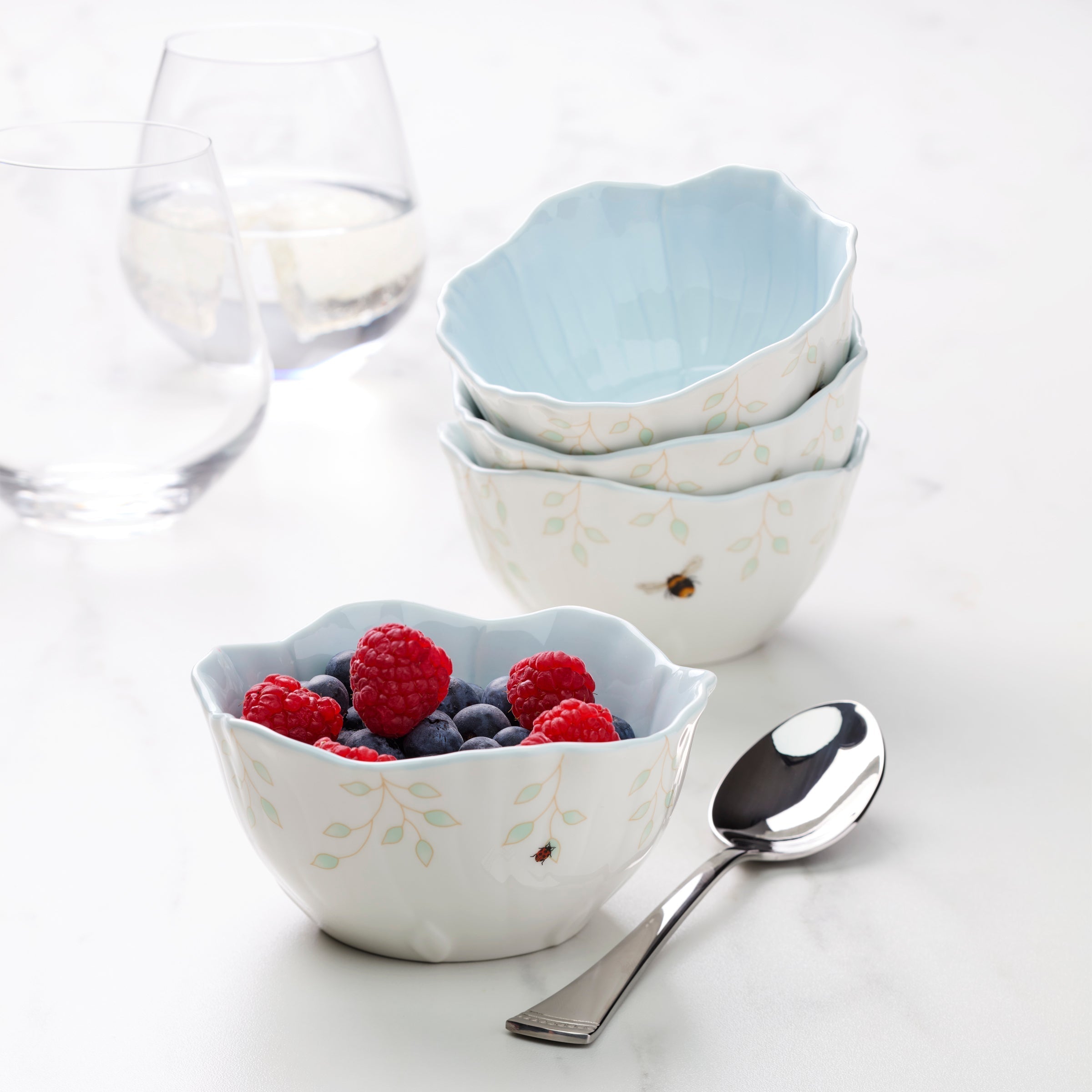 Thekbunny Butterfly Meadow Floral Blue Dessert Bowls - Set of 4