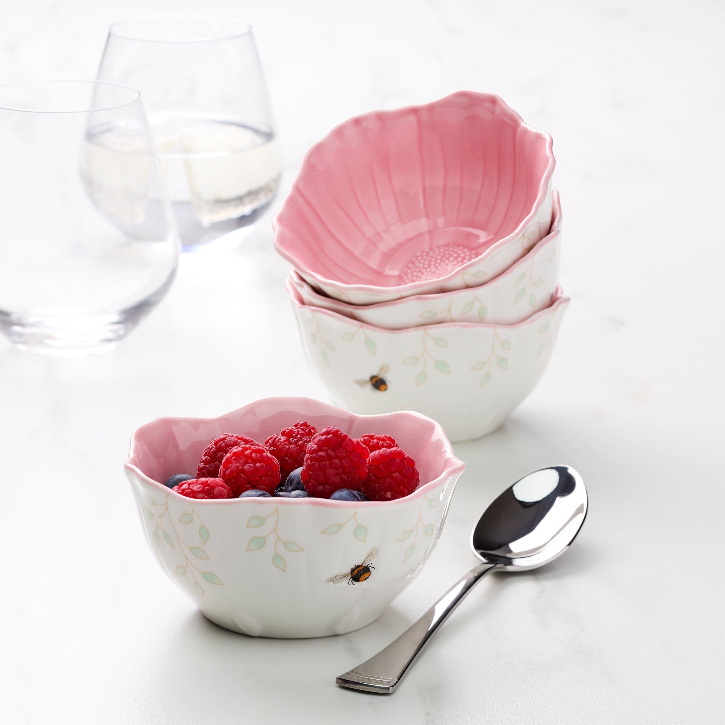 Thekbunny Butterfly Meadow Floral Pink Dessert Bowls - Set of 4
