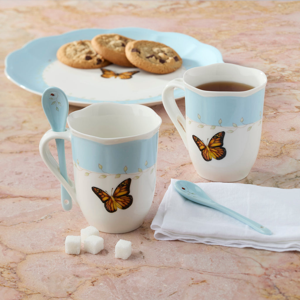 Thekbunny  Butterfly Meadow Blue Mugs With Spoons - Set of 2