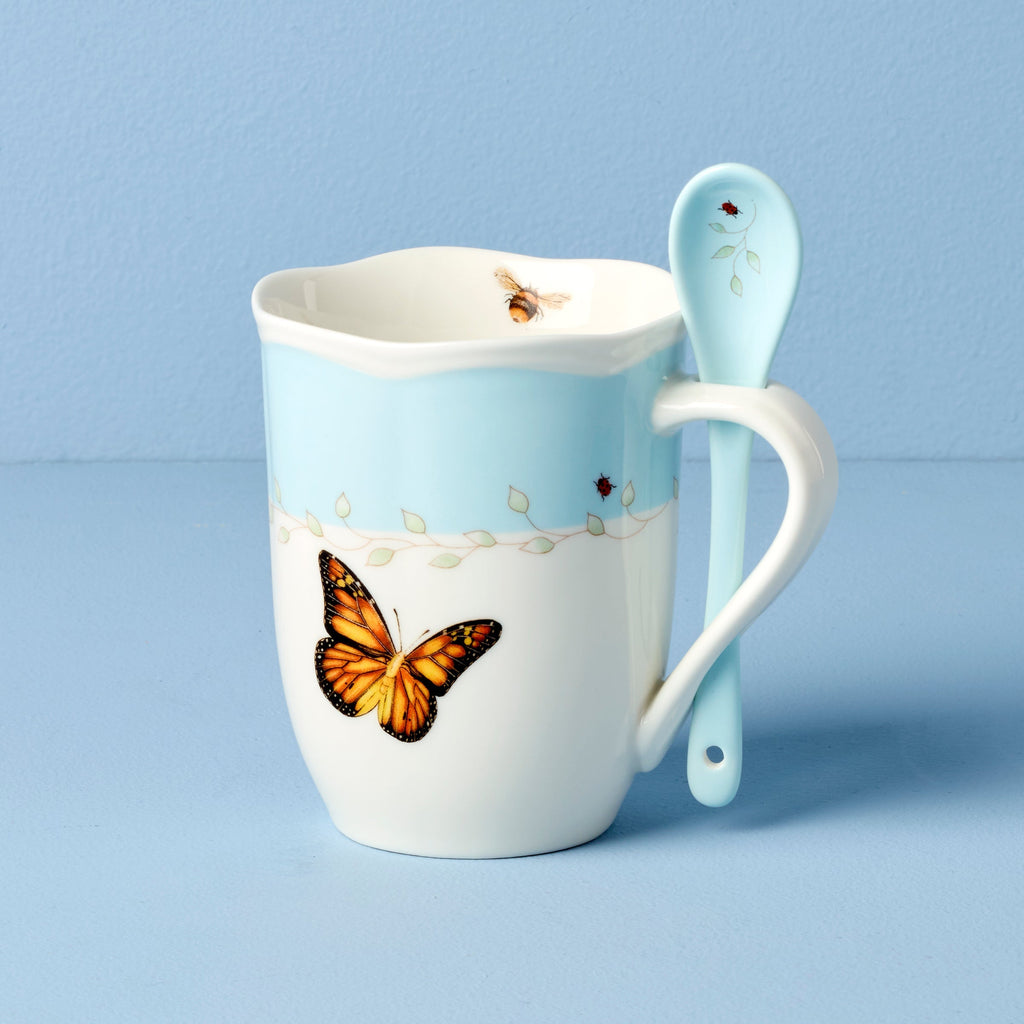 Thekbunny  Butterfly Meadow Blue Mugs With Spoons - Set of 2