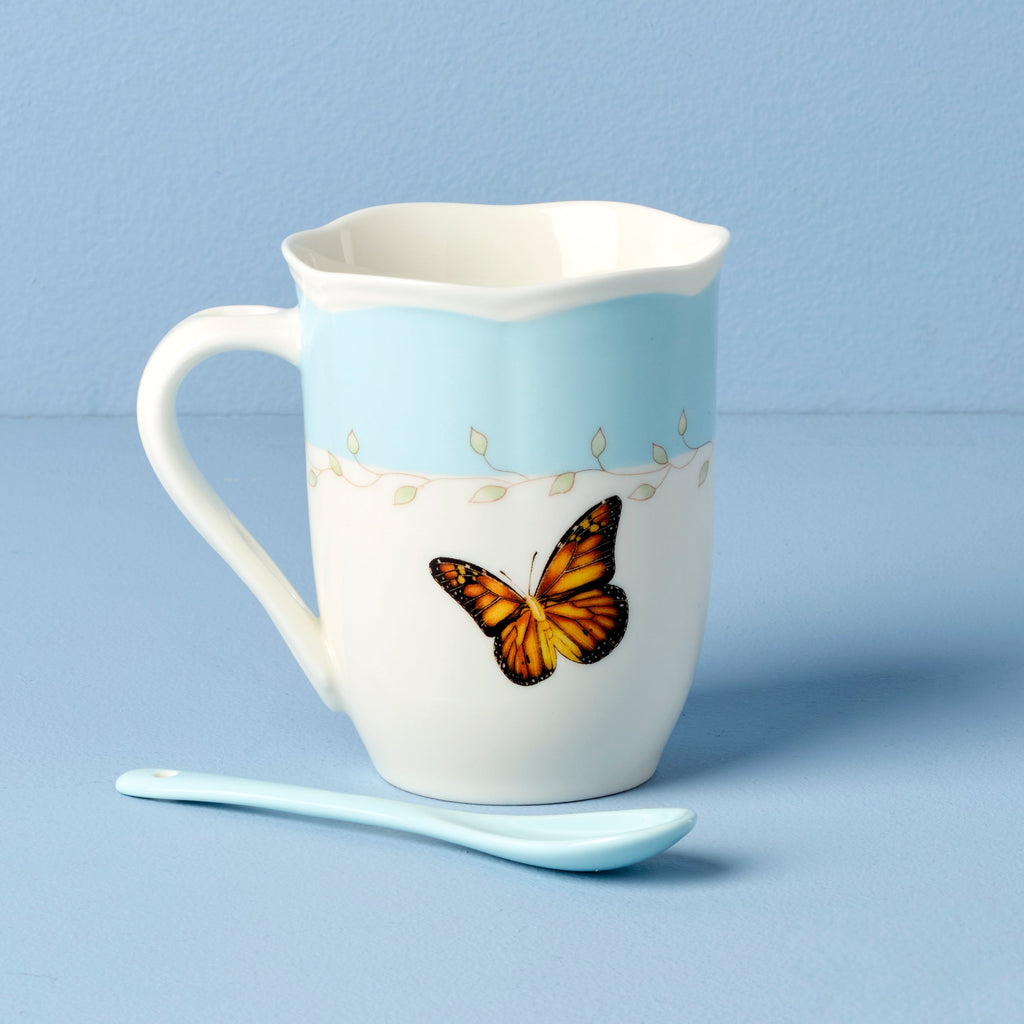 Thekbunny  Butterfly Meadow Blue Mugs With Spoons - Set of 2