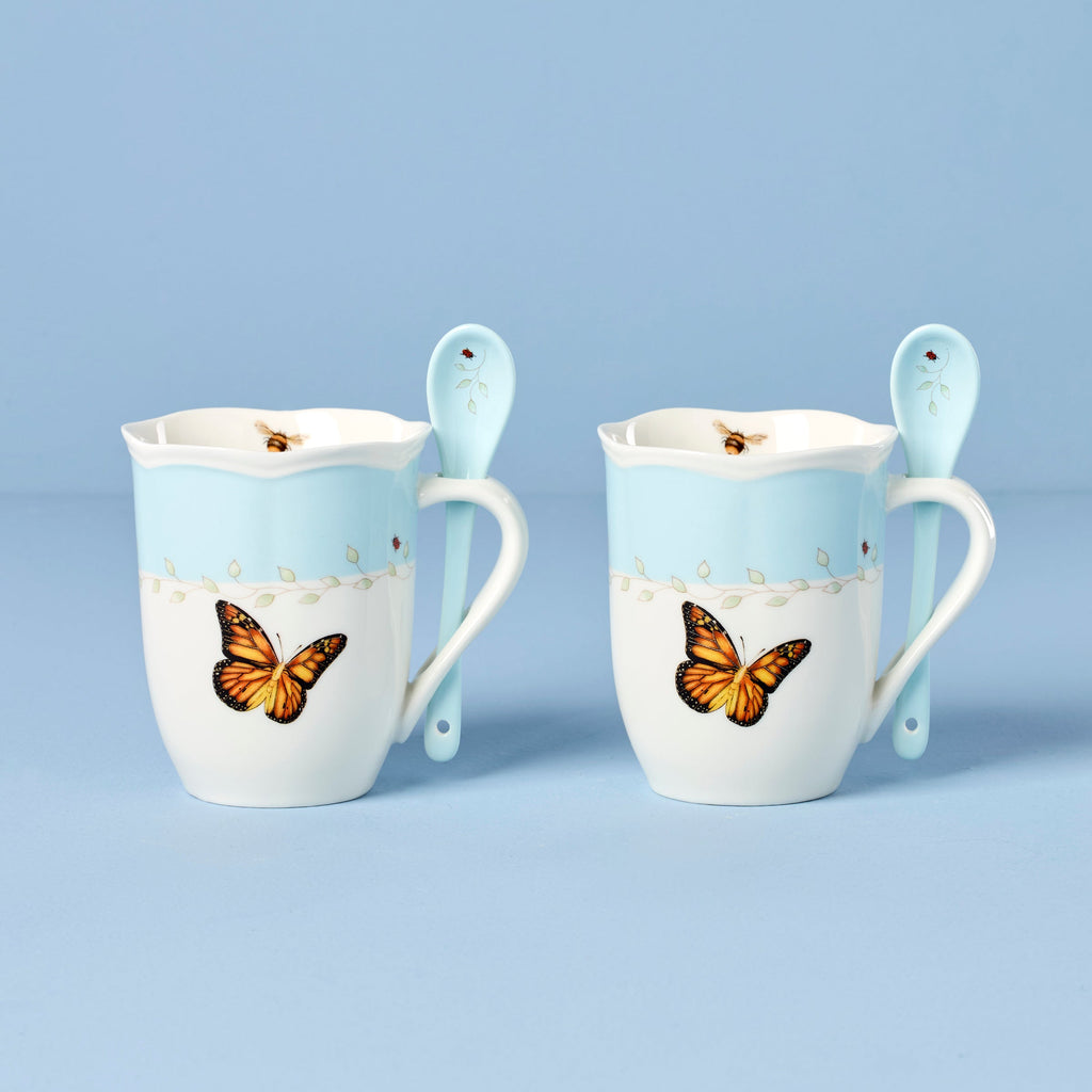 Thekbunny  Butterfly Meadow Blue Mugs With Spoons - Set of 2