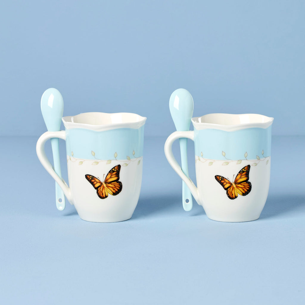 Thekbunny  Butterfly Meadow Blue Mugs With Spoons - Set of 2