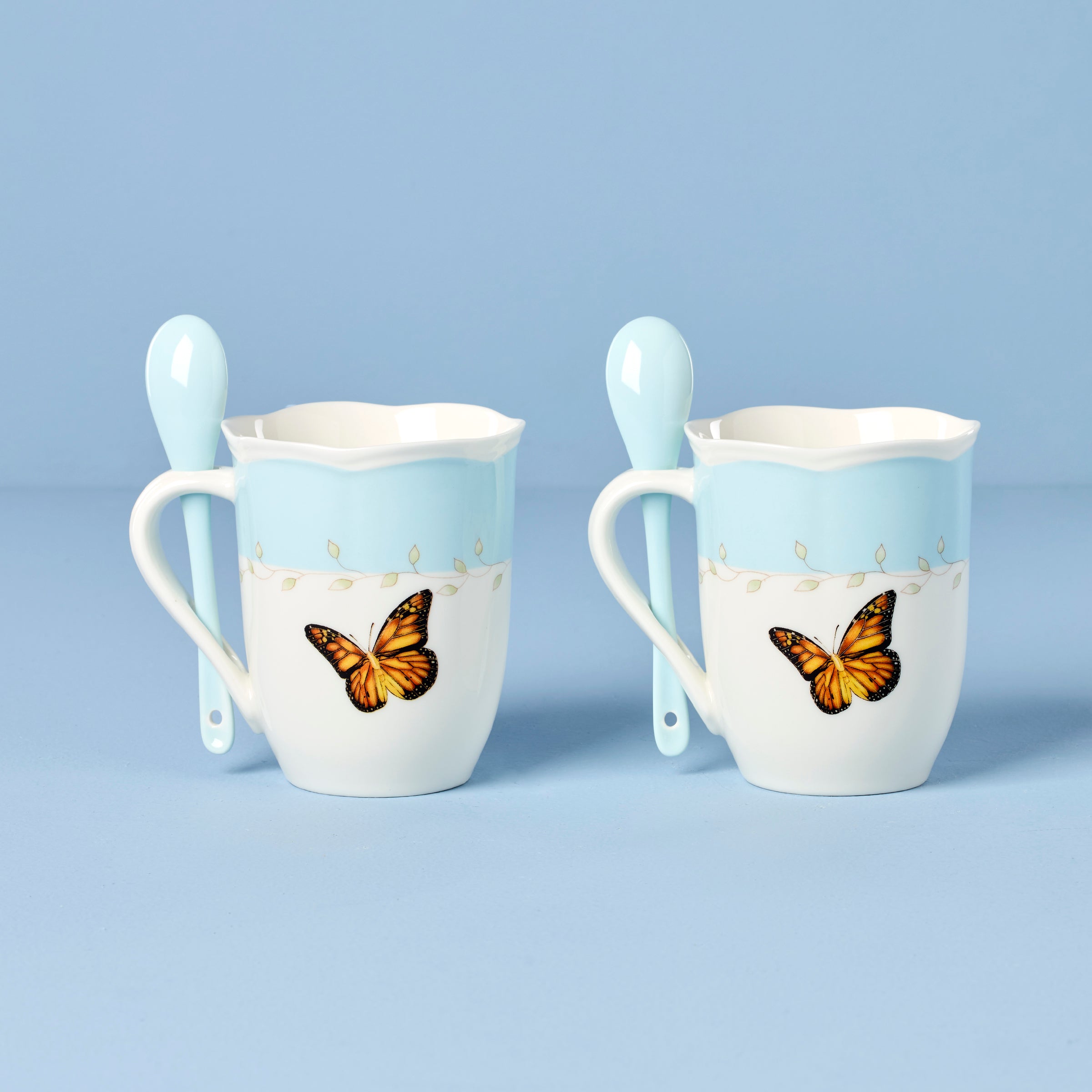 Thekbunny  Butterfly Meadow Blue Mugs With Spoons - Set of 2
