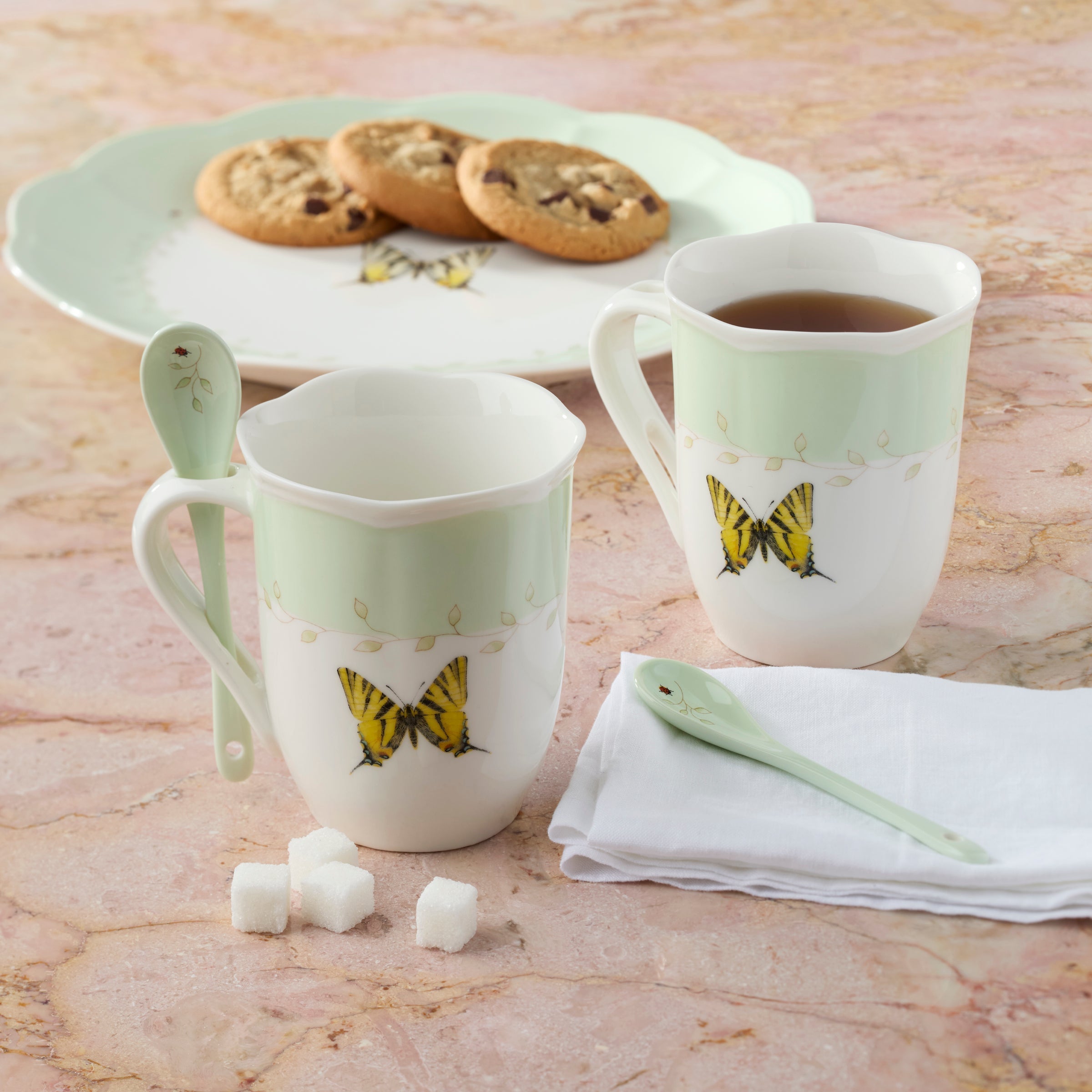 Thekbunny  Butterfly Meadow Green Mugs With Spoons - Set of 2