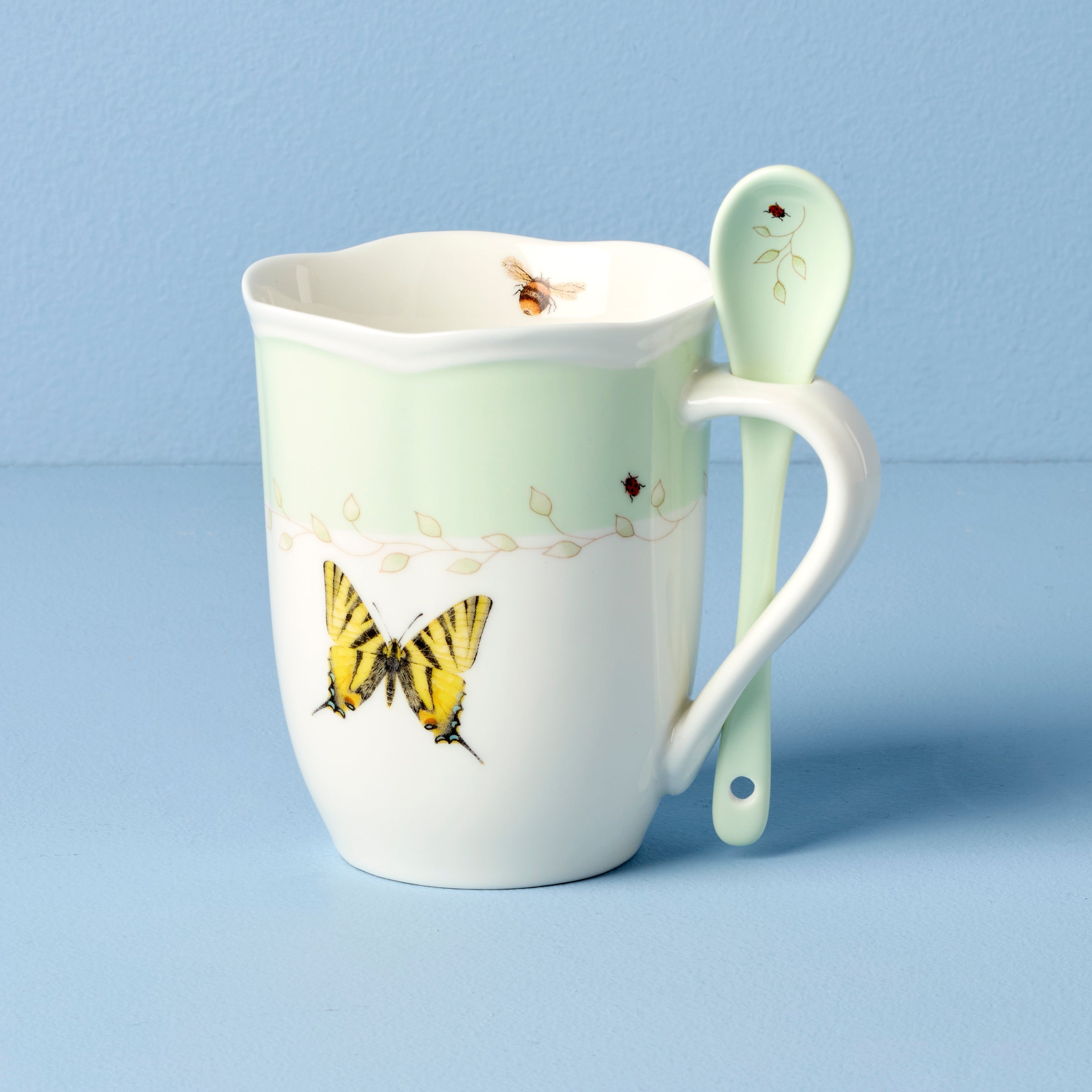Thekbunny  Butterfly Meadow Green Mugs With Spoons - Set of 2