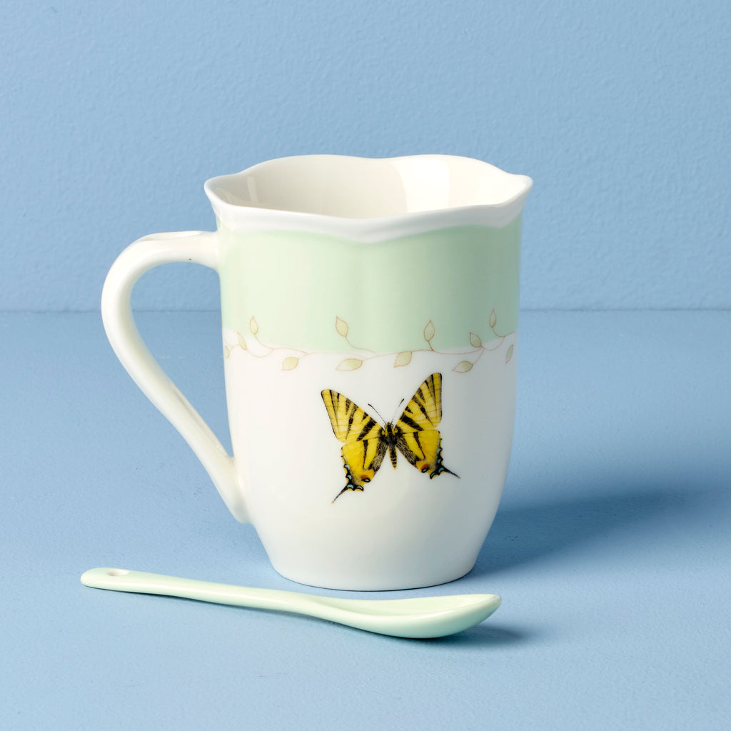 Thekbunny  Butterfly Meadow Green Mugs With Spoons - Set of 2