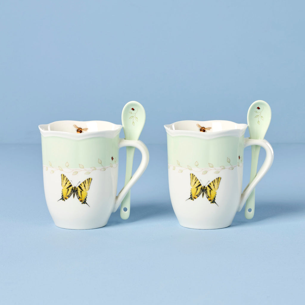 Thekbunny  Butterfly Meadow Green Mugs With Spoons - Set of 2