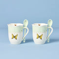 Thekbunny  Butterfly Meadow Green Mugs With Spoons - Set of 2