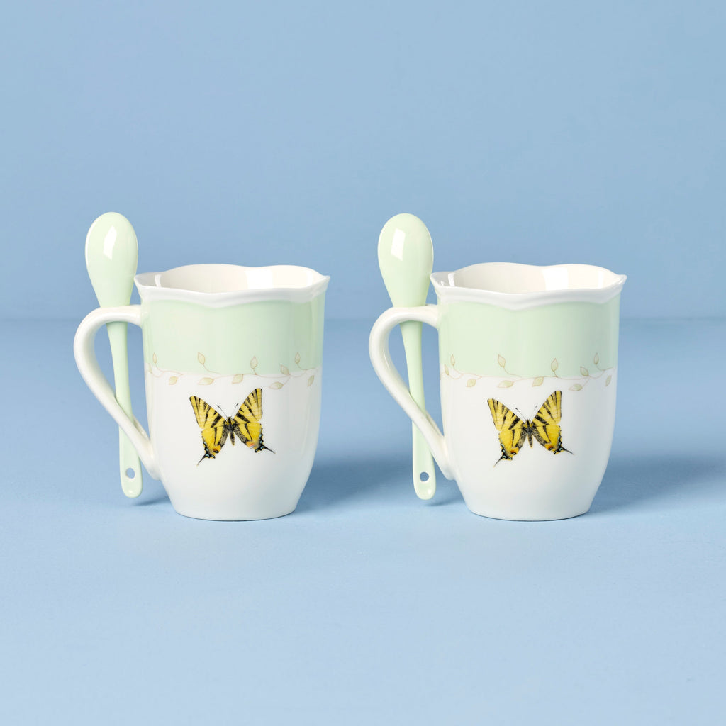 Thekbunny  Butterfly Meadow Green Mugs With Spoons - Set of 2