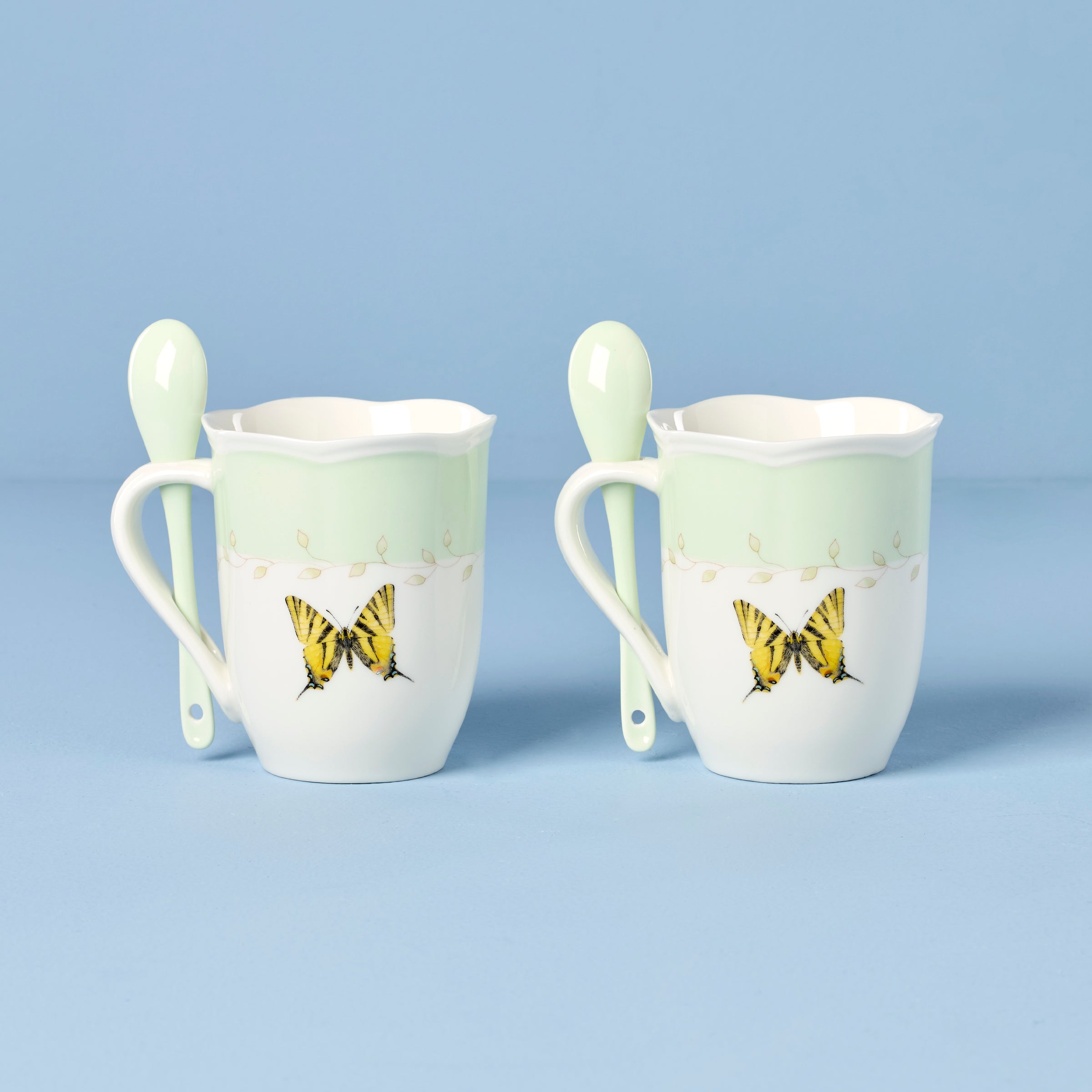 Thekbunny  Butterfly Meadow Green Mugs With Spoons - Set of 2