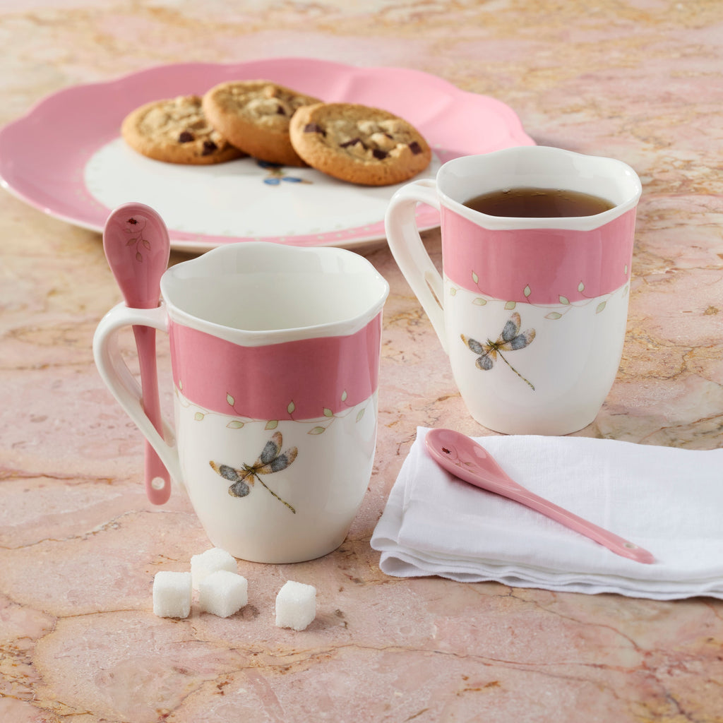Thekbunny Butterfly Meadow Pink Mugs With Spoons - Set of 2