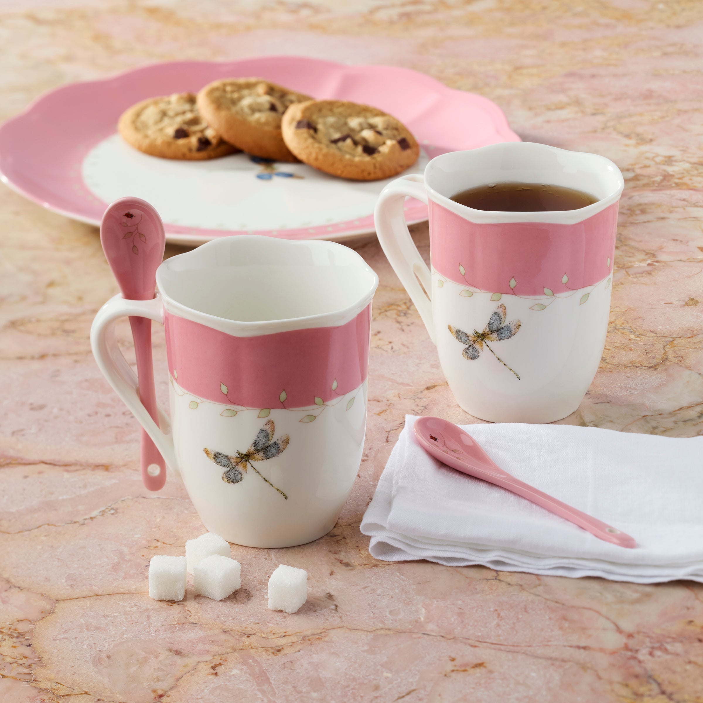 Thekbunny Butterfly Meadow Pink Mugs With Spoons - Set of 2