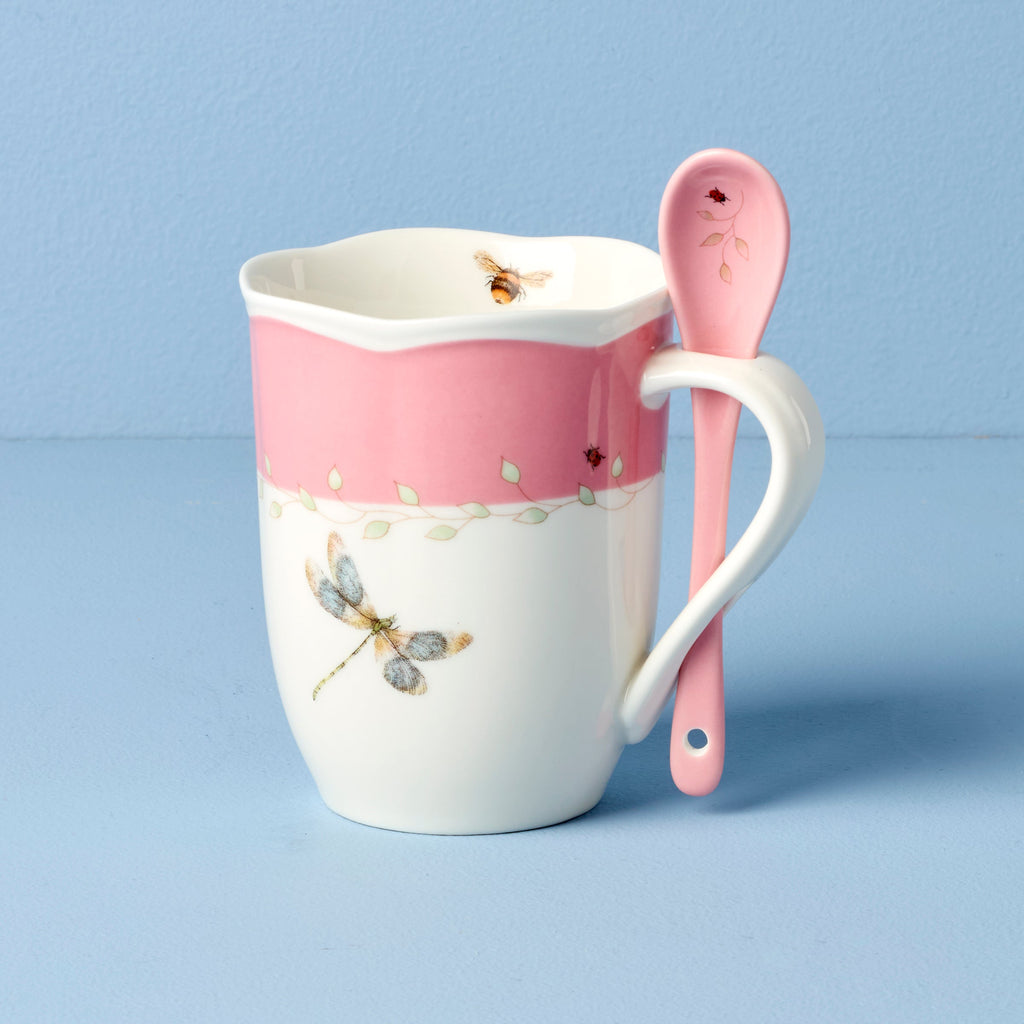 Thekbunny Butterfly Meadow Pink Mugs With Spoons - Set of 2