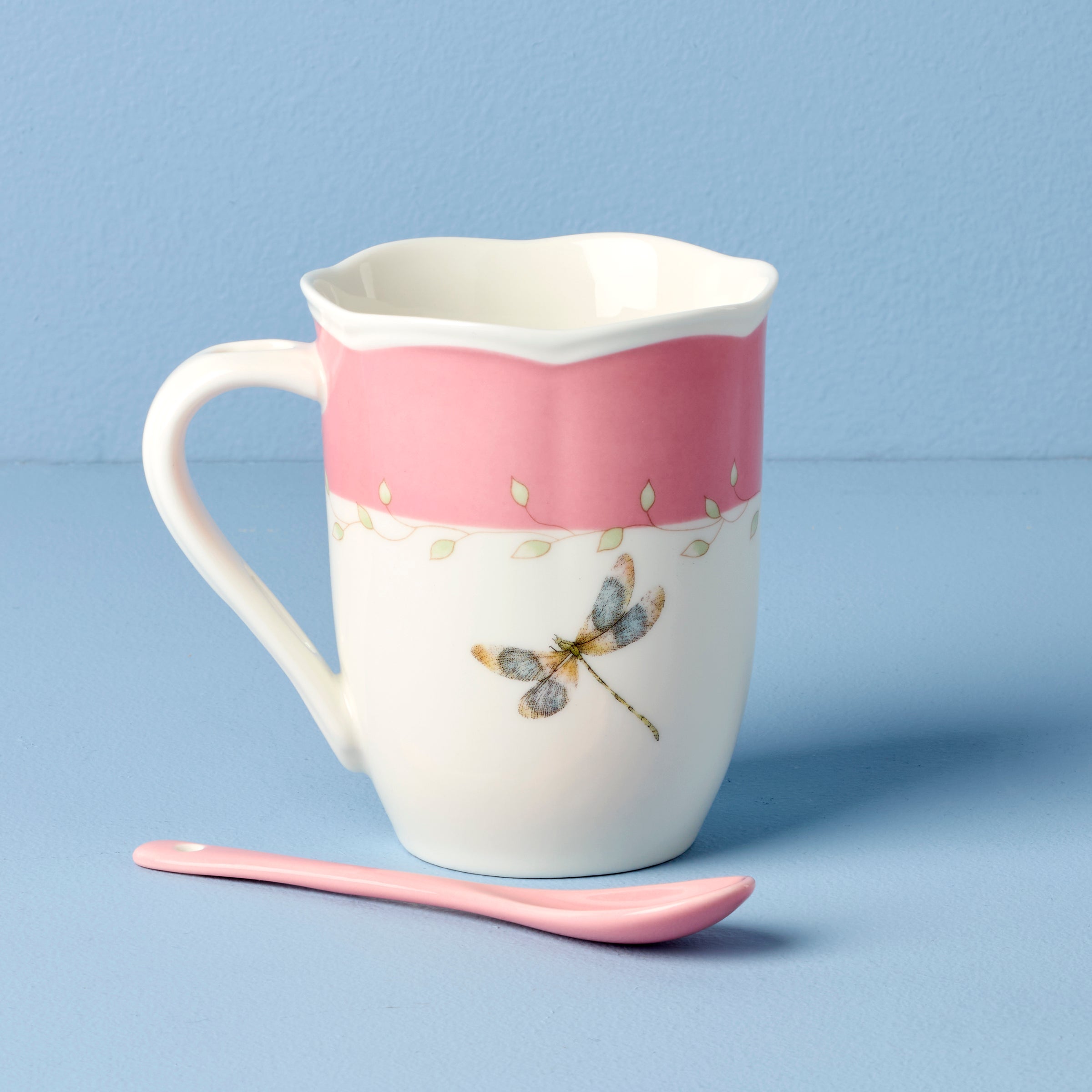 Thekbunny Butterfly Meadow Pink Mugs With Spoons - Set of 2