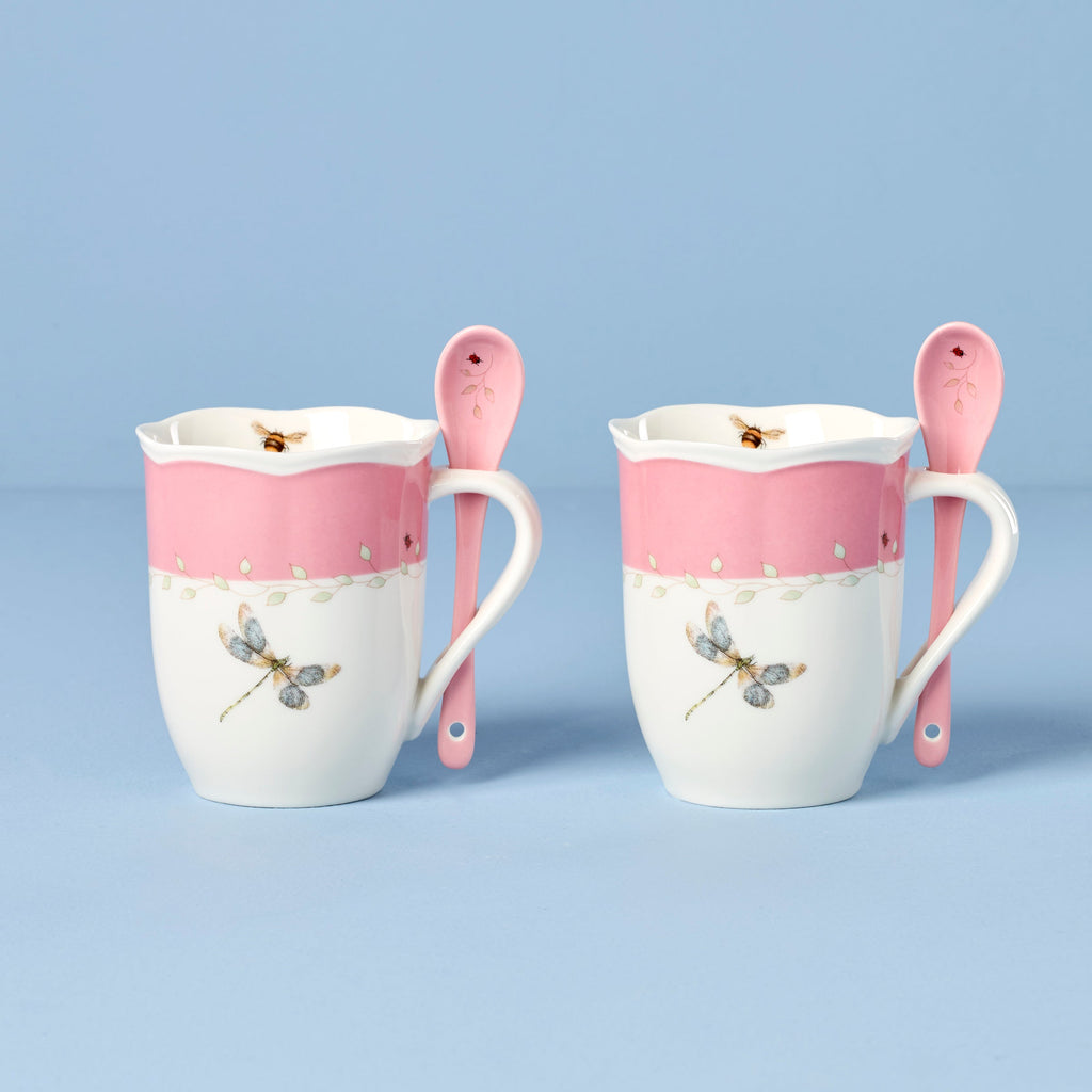 Thekbunny Butterfly Meadow Pink Mugs With Spoons - Set of 2
