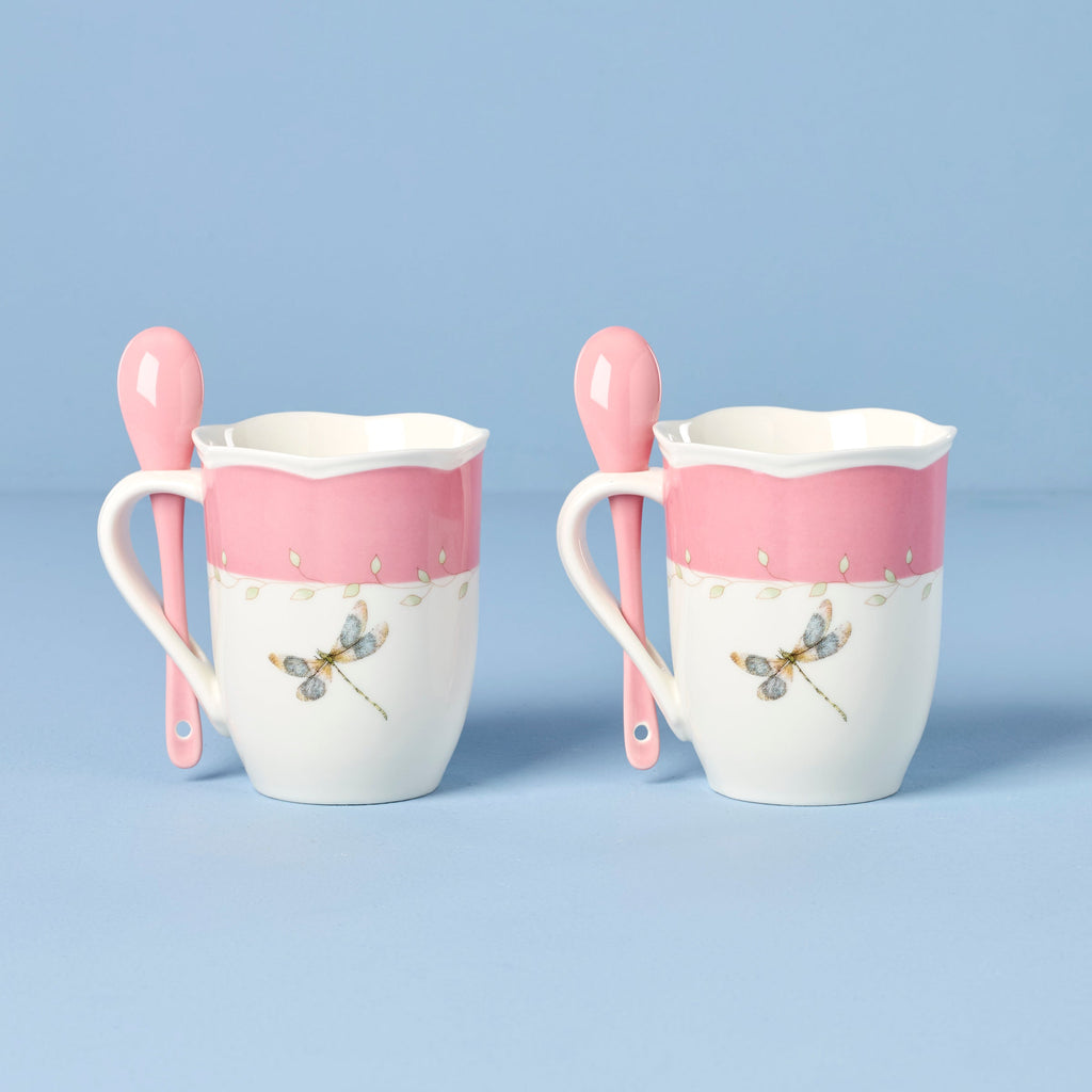 Thekbunny Butterfly Meadow Pink Mugs With Spoons - Set of 2
