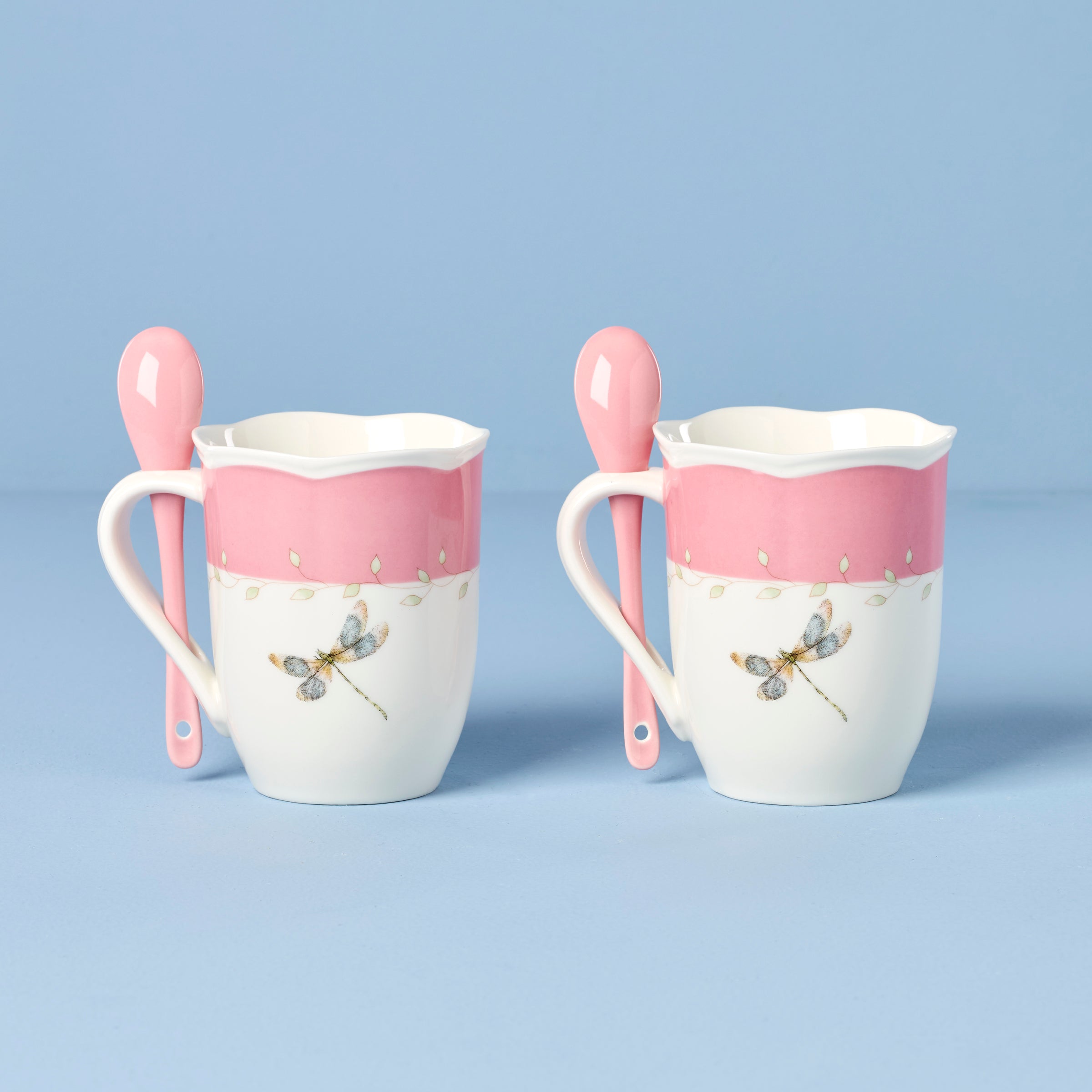 Thekbunny Butterfly Meadow Pink Mugs With Spoons - Set of 2