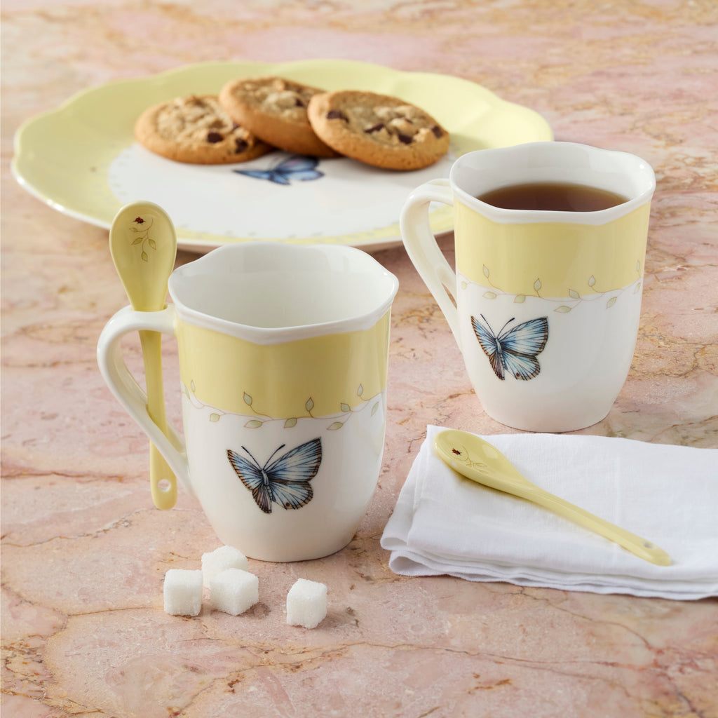 Thekbunny  Butterfly Meadow Yellow Mugs With Spoons - Set of 2
