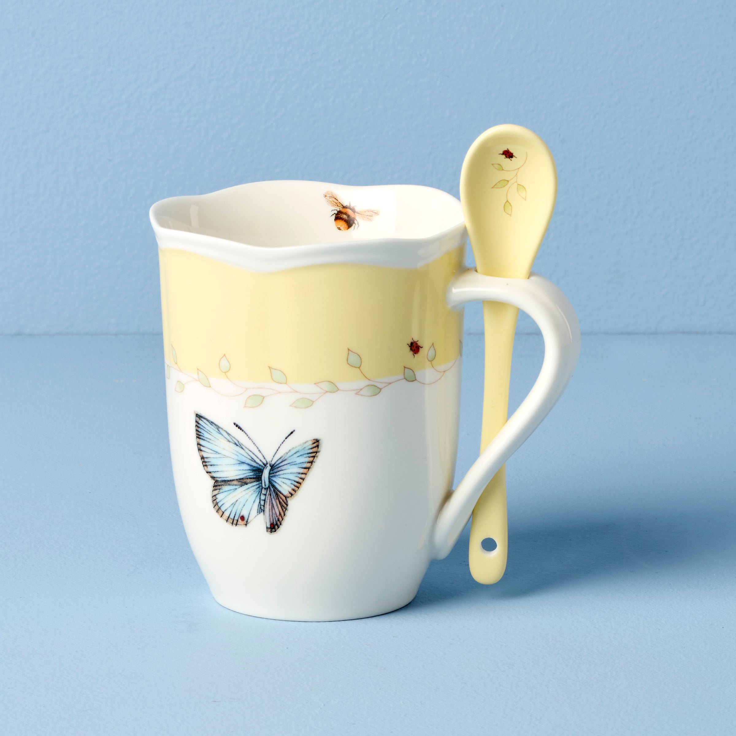 Thekbunny  Butterfly Meadow Yellow Mugs With Spoons - Set of 2