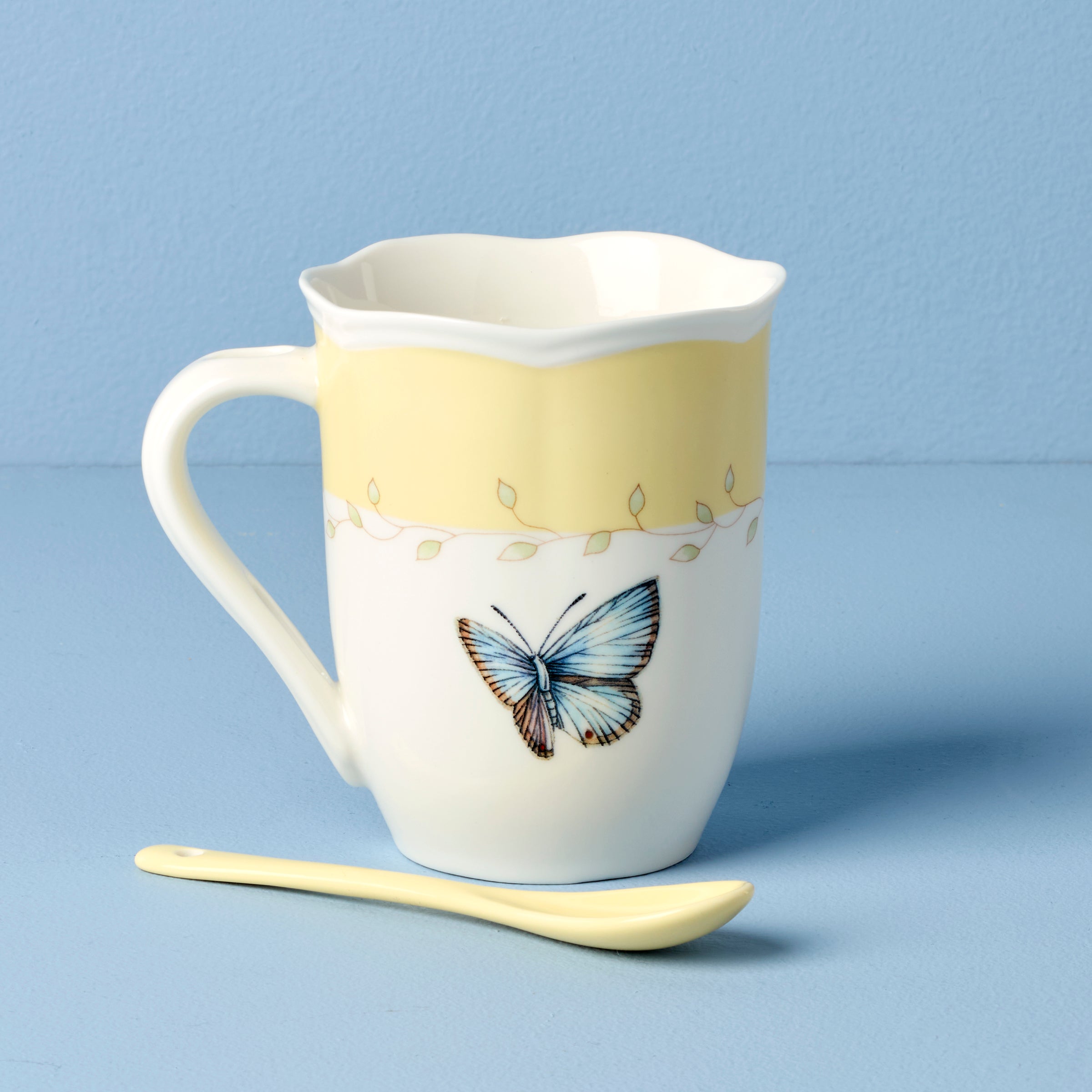 Thekbunny  Butterfly Meadow Yellow Mugs With Spoons - Set of 2