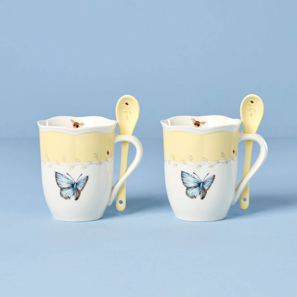Thekbunny  Butterfly Meadow Yellow Mugs With Spoons - Set of 2