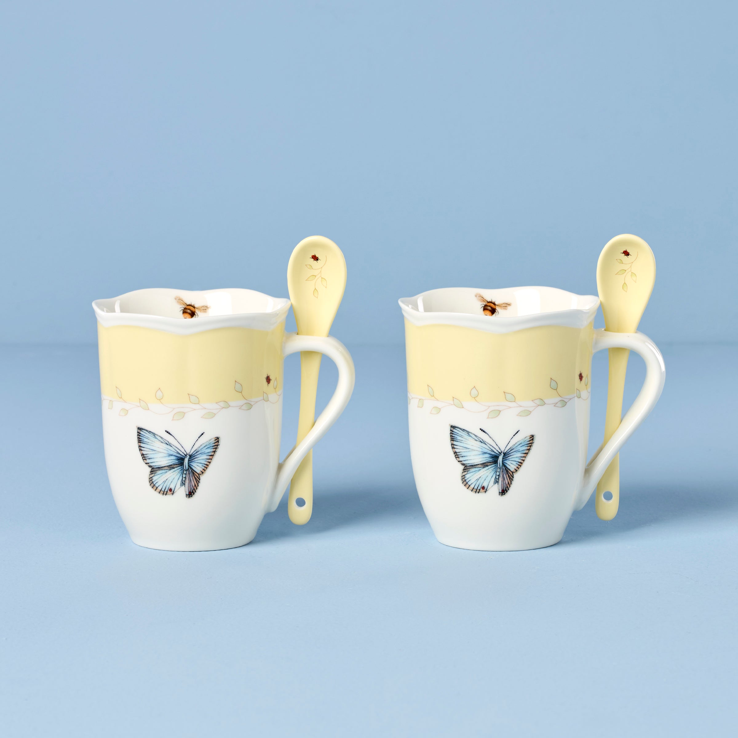 Thekbunny  Butterfly Meadow Yellow Mugs With Spoons - Set of 2