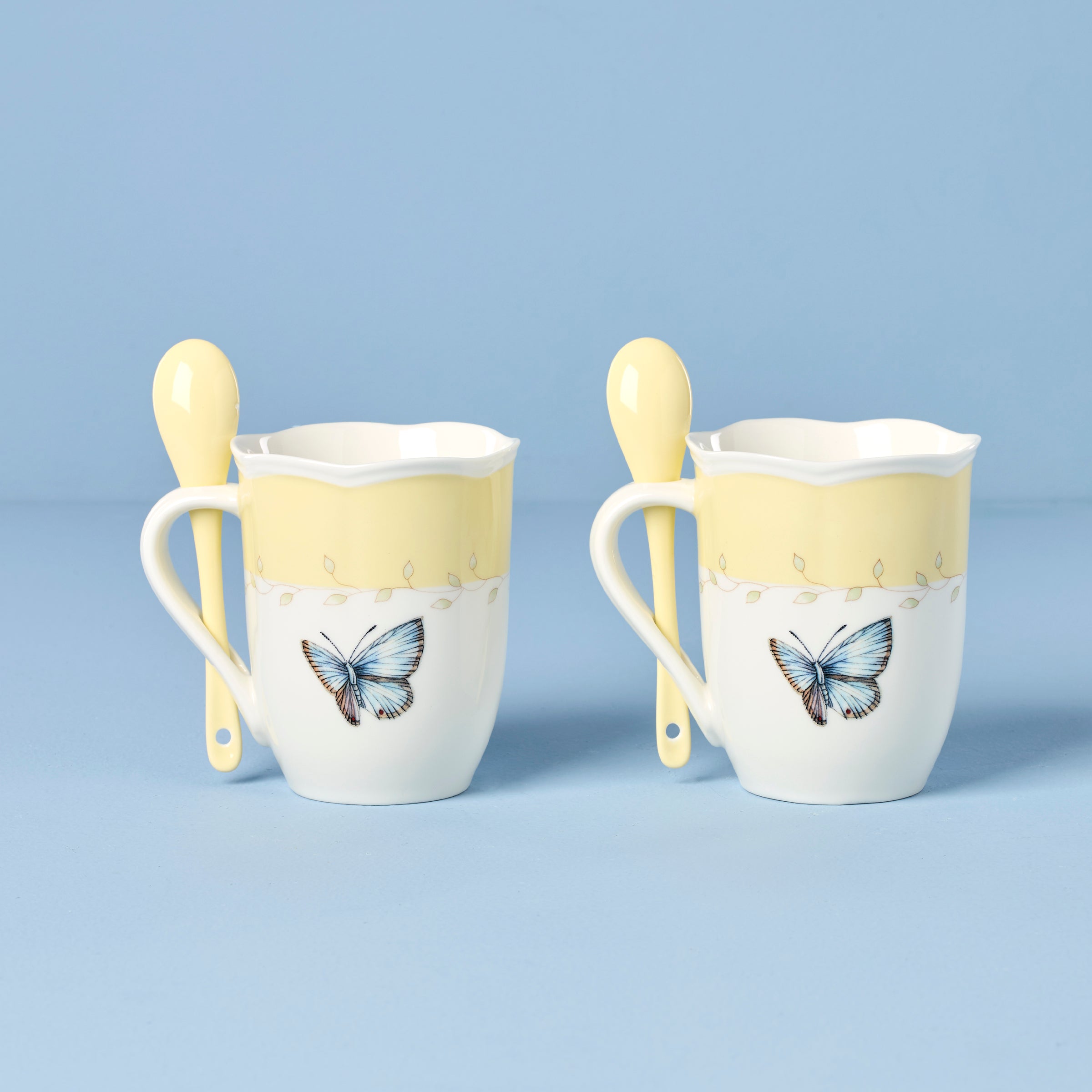 Thekbunny  Butterfly Meadow Yellow Mugs With Spoons - Set of 2