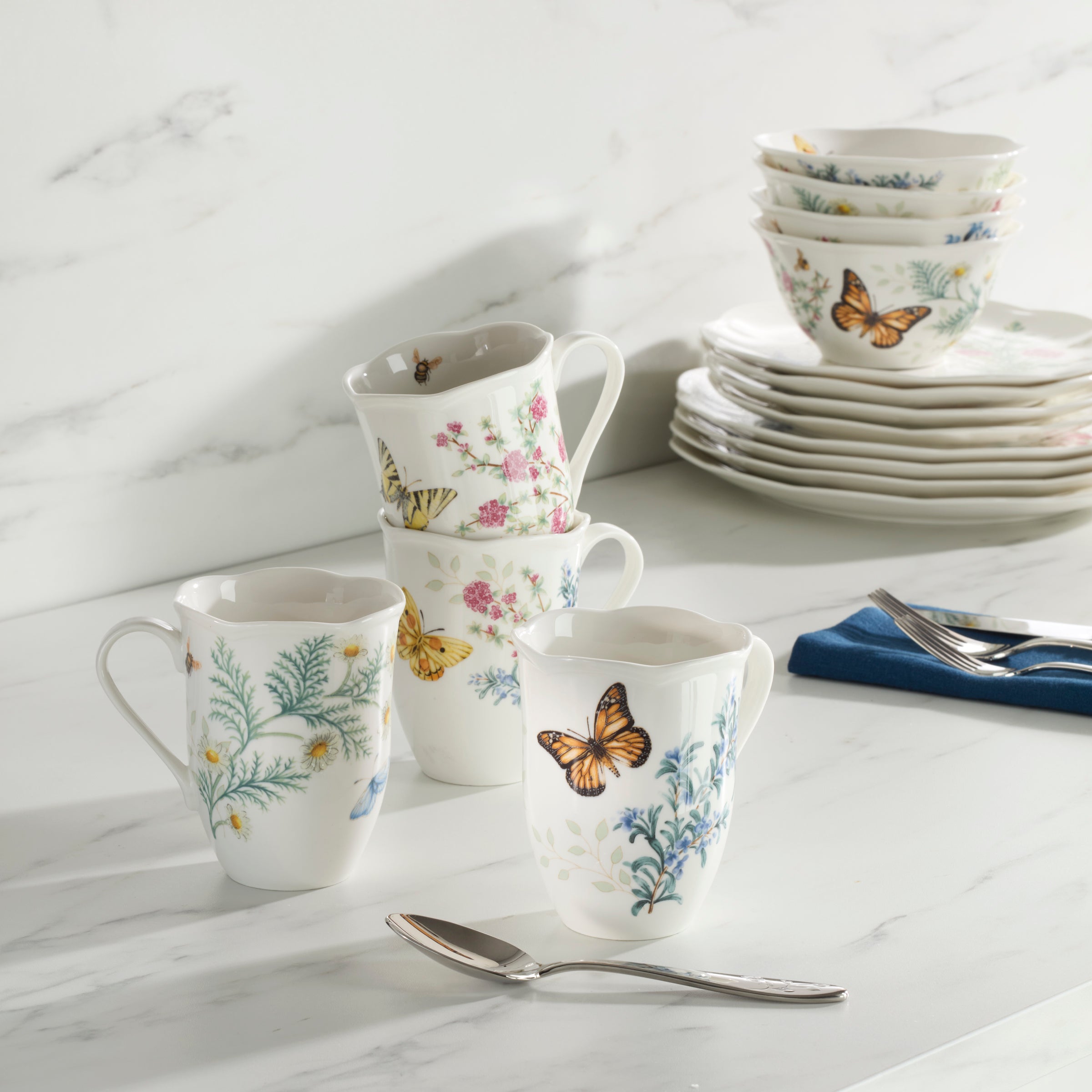 Thekbunny  Butterfly Meadow Herbs Mugs - Set of 4