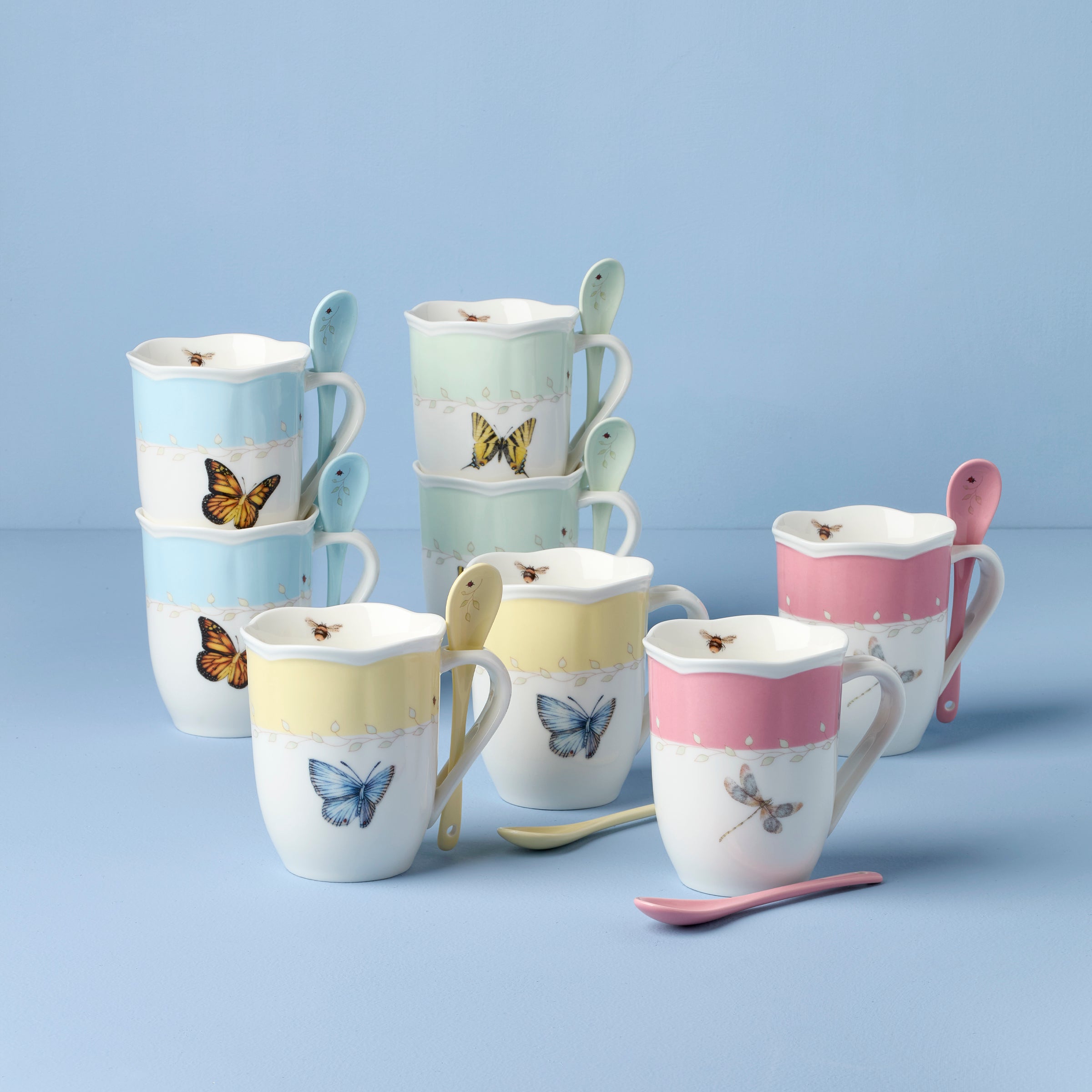 Thekbunny  Butterfly Meadow Color Mugs With Spoons - Set of 8