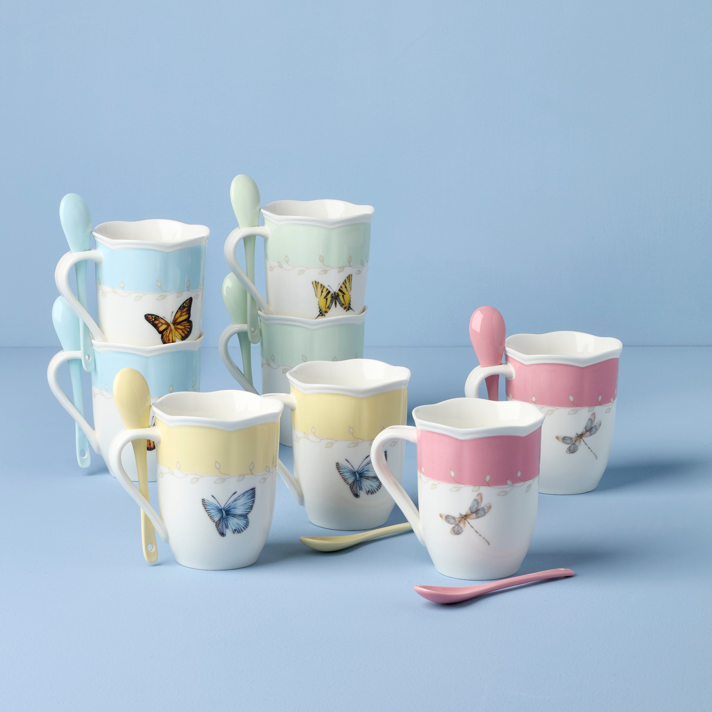 Thekbunny  Butterfly Meadow Color Mugs With Spoons - Set of 8