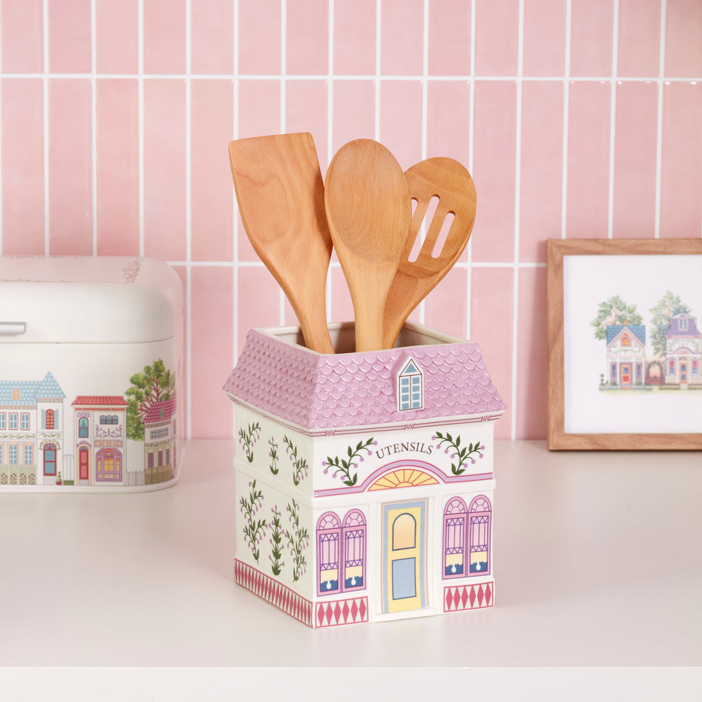 Thekbunny Spice Village Utensil Crock with Wood Utensils