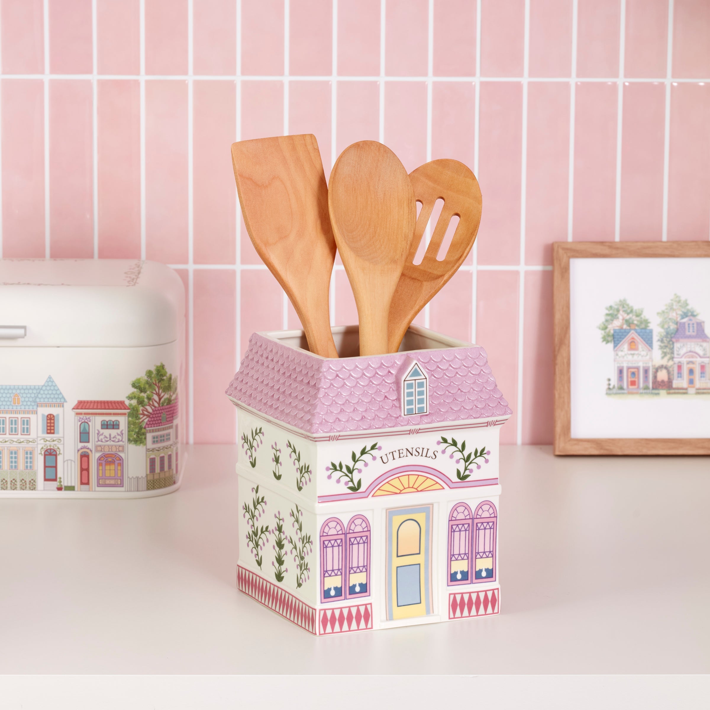 Thekbunny Spice Village Utensil Crock with Wood Utensils