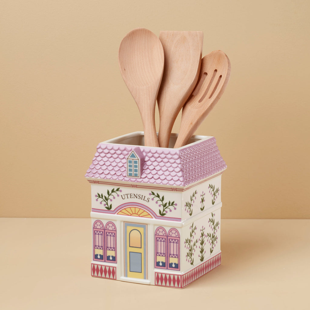 Thekbunny Spice Village Utensil Crock with Wood Utensils