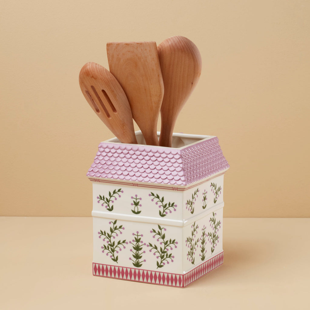 Thekbunny Spice Village Utensil Crock with Wood Utensils