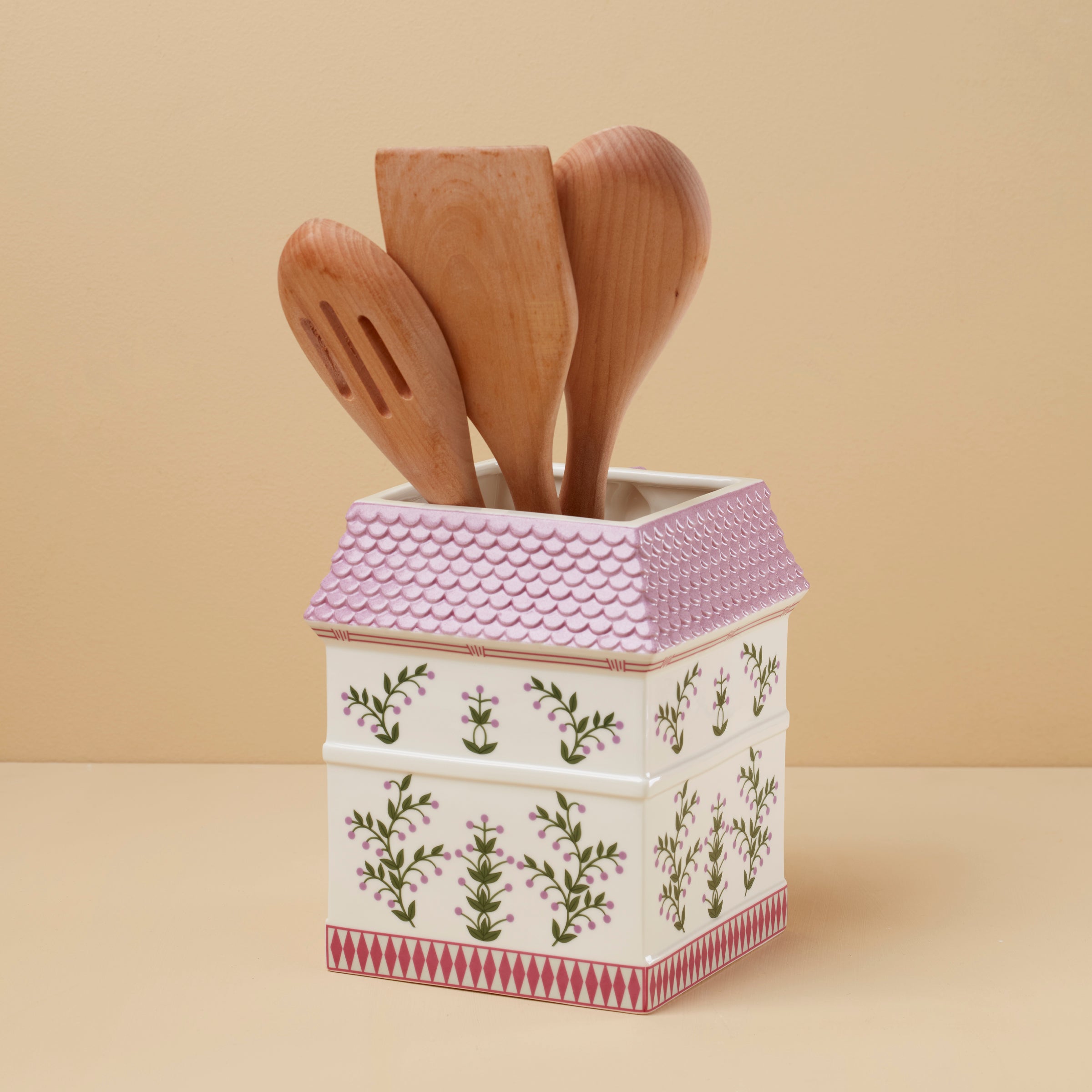 Thekbunny Spice Village Utensil Crock with Wood Utensils