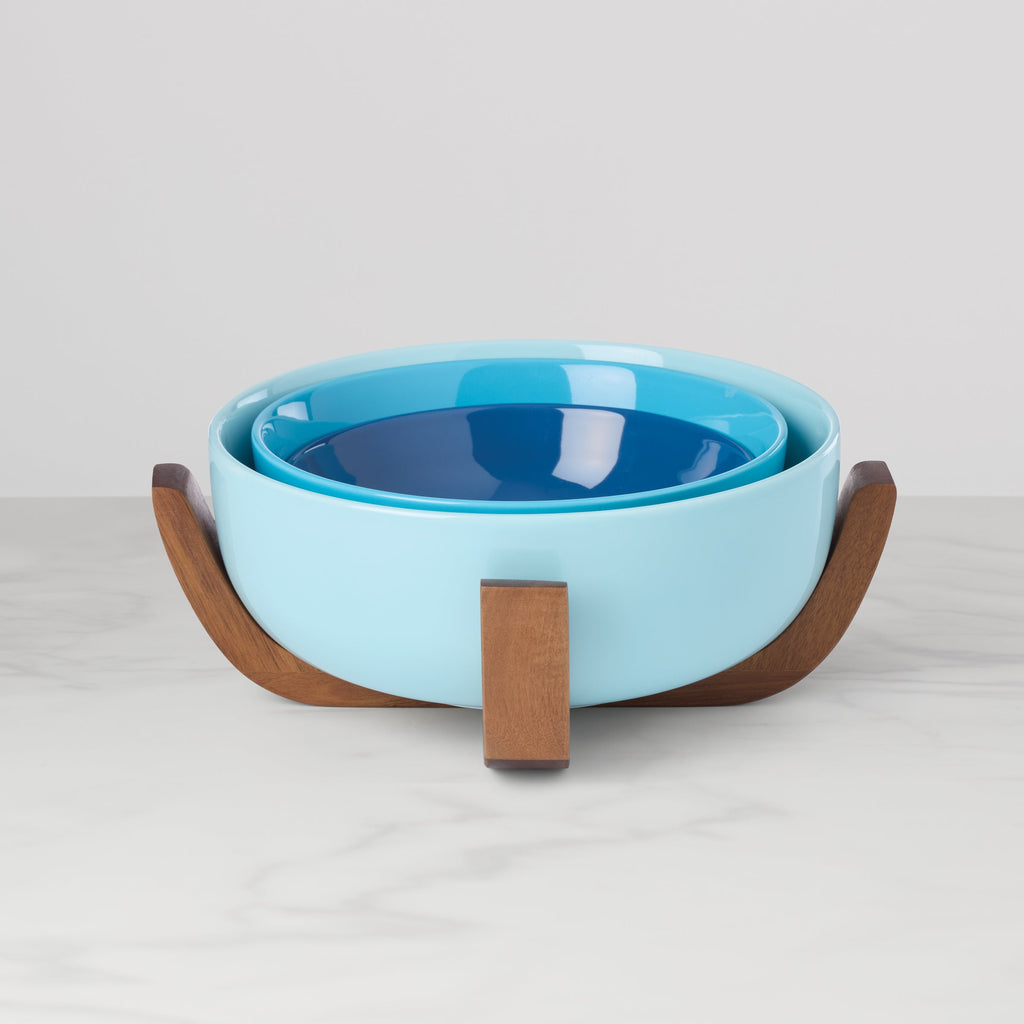 Thekbunny 24 Seven Turquoise 3-Piece Nesting Bowl Set with Wood Stand