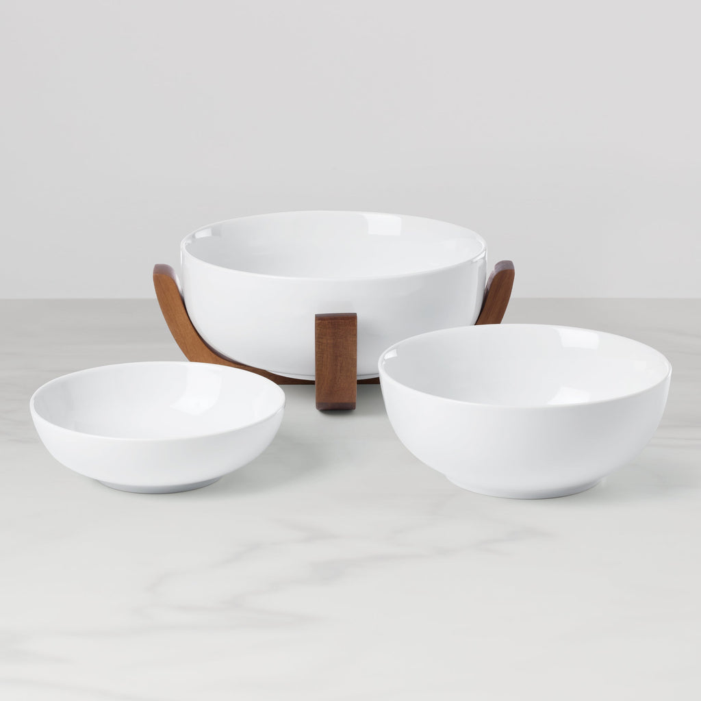 Thekbunny 24 Seven White 3-Piece Nesting Bowl Set with Wood Stand